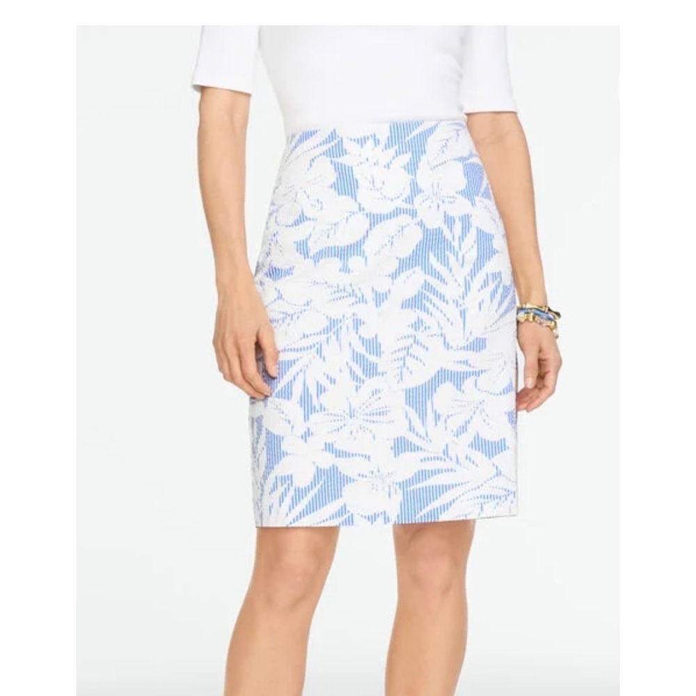 Talbots Seersucker Skirt Womens 14 Blue White Good Tropicalβ Palm Leaf Pencil
